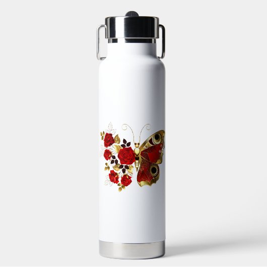Schmetterling mit roter Blume und rote Rosen Trinkflasche (Vorderseite)