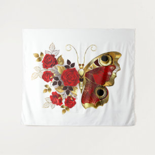 Schmetterling mit roter Blume und rote Rosen Wandteppich