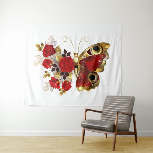 Schmetterling mit roter Blume und rote Rosen Wandteppich (Beispiel (Horizontal))