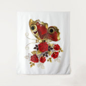 Schmetterling mit roter Blume und rote Rosen Wandteppich (Vorderseite)
