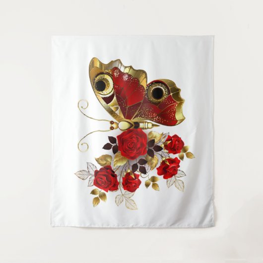 Schmetterling mit roter Blume und rote Rosen Wandteppich (Vorderseite)