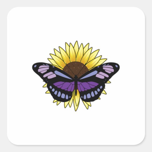 Schmetterling mit Sonnenblume Quadratischer Aufkleber (Vorderseite)