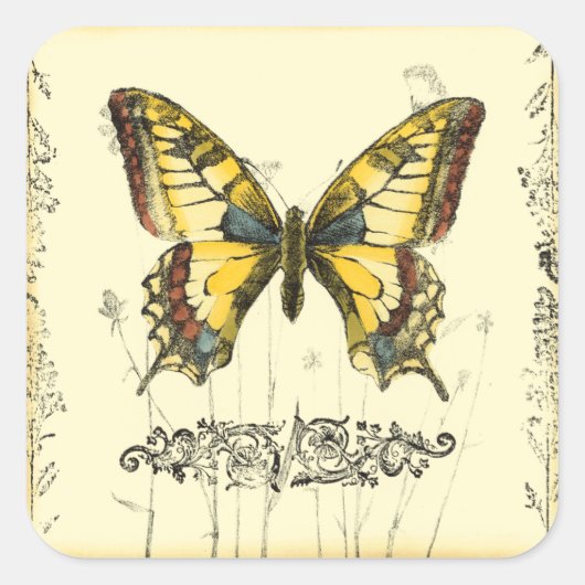 Schmetterling mit Wildblumen Quadratischer Aufkleber (Vorderseite)