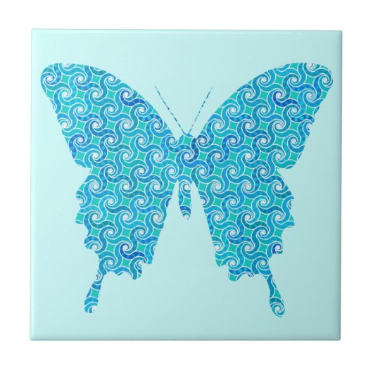 Schmetterling, Muster in blau, türkis, weiß Fliese (Vorderseite)