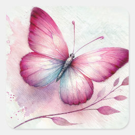 Schmetterling Rosa Botanischer Aquarell Quadratischer Aufkleber