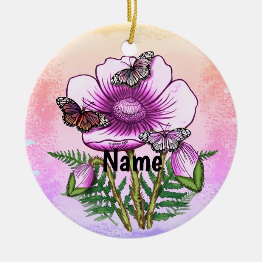 Schmetterling Rosa Klatschmohn Keramik Ornament (Vorne)