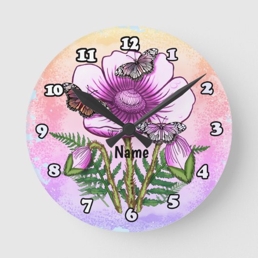 Schmetterling Rosa Mohn Runde Wanduhr (Vorderseite)