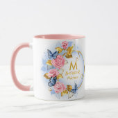 Schmetterling & Rosa Rose Monogramm I Goldinitiale Tasse (Links)