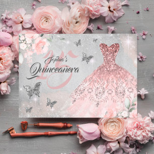 Schmetterling Rose Gold Glitzer Kleid Quinceanera Einladung