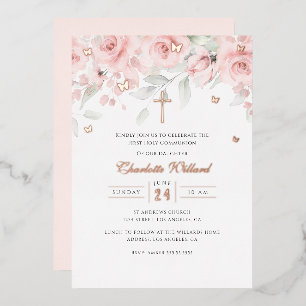 Schmetterling Rose Gold Kreuz Mädchen Erste Kommun Folieneinladung