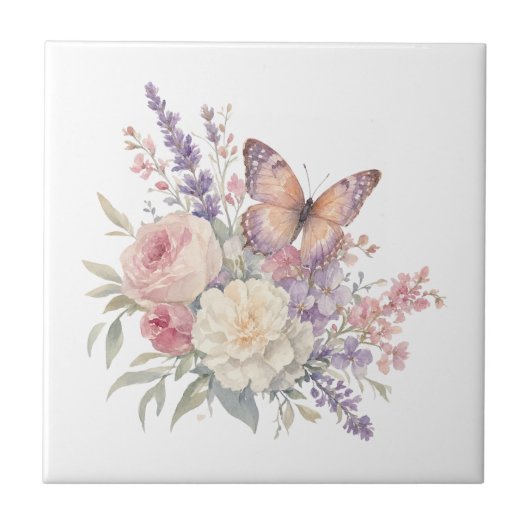 Schmetterling Rosen Blumen romantisch Fliese (Vorderseite)