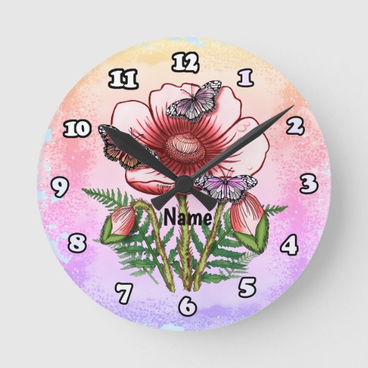 Schmetterling Roter Mohn Runde Wanduhr (Vorderseite)