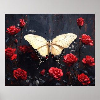 Schmetterling ruht zwischen lebendigen roten Rosen Poster