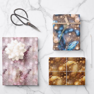 Schmetterling-Schimmer Rosa-Blau-Glitzer glänzen Geschenkpapier Set