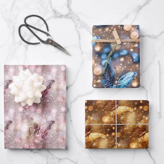 Schmetterling-Schimmer Rosa-Blau-Glitzer glänzen Geschenkpapier Set (Vorderseite)