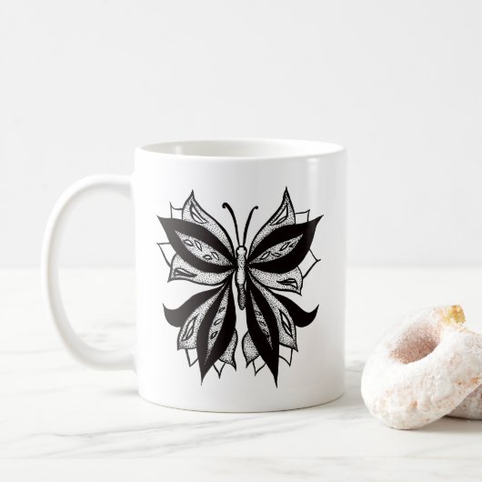 Schmetterling Schwarz-Weiß-Stamm Tattoo Kaffeetasse (Mit Donut)