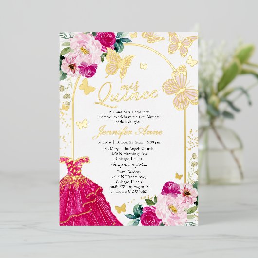 Schmetterling Stille Einladungen Hot Pink Kleid (Stehend vorne)