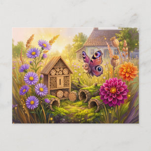 Schmetterling sucht Winterschutz im Insektenhotel Postkarte