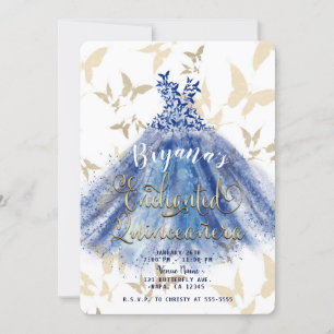 Schmetterling Tanz Blaues Kleid & Gold Quinceañera Einladung