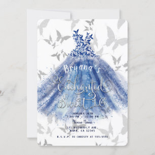 Schmetterling Tanz Blaues Kleid Silber Sweet 16 Einladung