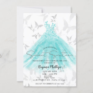 Schmetterling Tanz Türkis Kleid Süße 16 Party Einladung