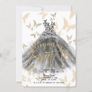 Schmetterling Tanzkleid Schwarz & Gold Sweet 16 Einladung