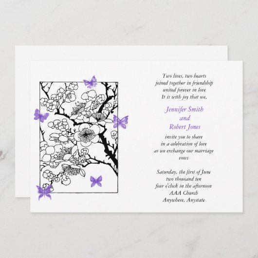 Schmetterling träumt violette Hochzeits-Einladung Einladung (Vorne/Hinten)