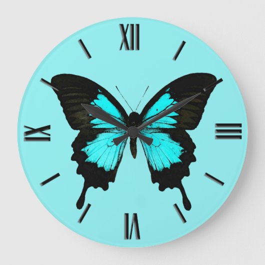 Schmetterling - Türkisblau und -SCHWARZES Große Wanduhr (Vorderseite)