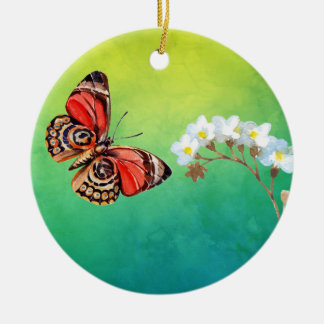 Schmetterling u. Blume auf grünem Watercolor Keramik Ornament