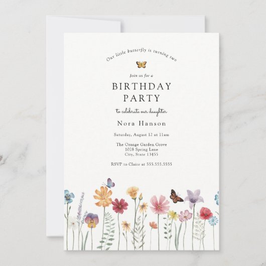 Schmetterling und blühende Wildblume zum Geburtsta Einladung (Vorderseite)
