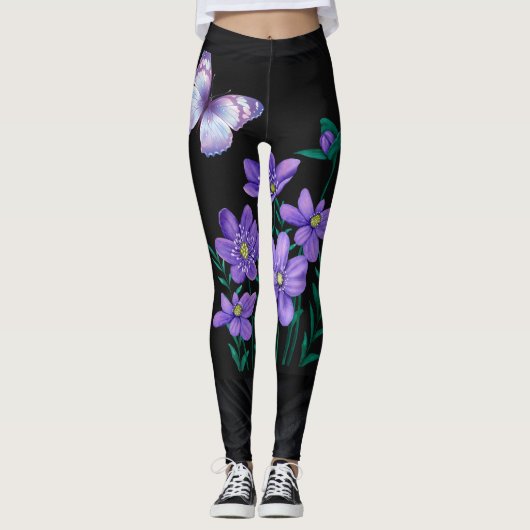 Schmetterling und Blume Schwarze Leggings (Vorderseite)