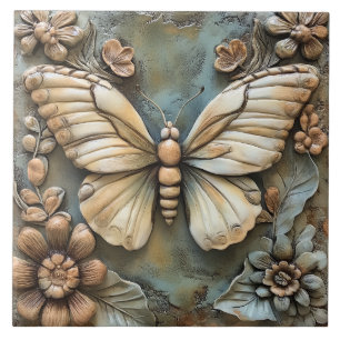 Schmetterling und Blumen Botanisches Faux-Relief Fliese