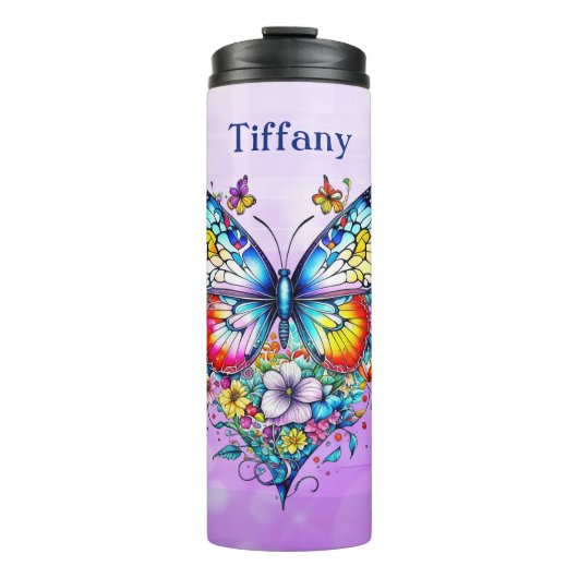 Schmetterling und Blumenherz Personalisiert Thermosbecher (Vorderseite)