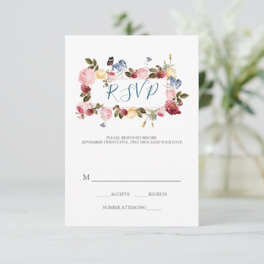 Schmetterling und farbenfrohe Blume RSVP Karte (Stehend Vorderseite)