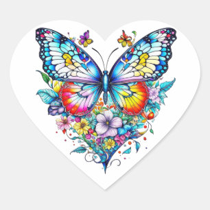 Schmetterling und florales Herz Herz-Aufkleber