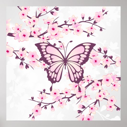 Schmetterling und Kirschblossom Rosa Weiß Poster (Vorne)