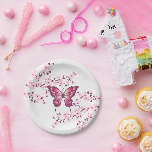 Schmetterling und Kirschblüten rosa weiß Pappteller (Party)