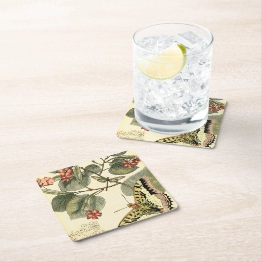 Schmetterling und Libelle mit roten Blume Rechteckiger Pappuntersetzer (Vor Ort)