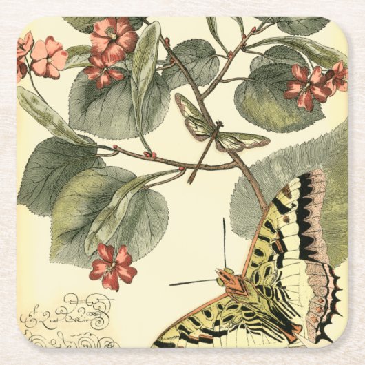Schmetterling und Libelle mit roten Blume Rechteckiger Pappuntersetzer (Vorderseite)
