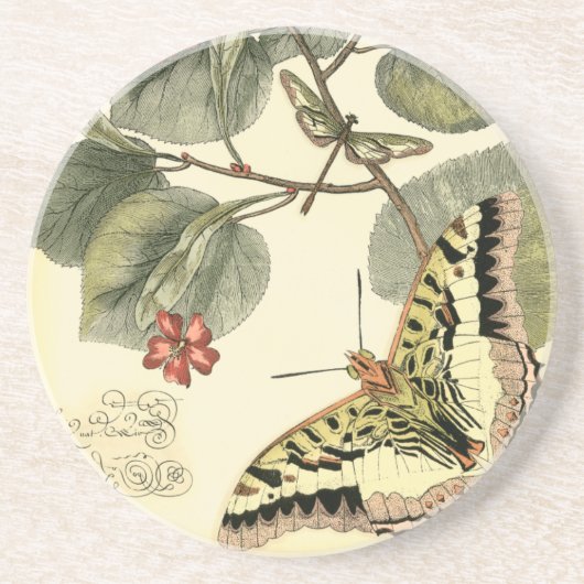 Schmetterling und Libelle mit roten Blume Sandstein Untersetzer (Vorne)