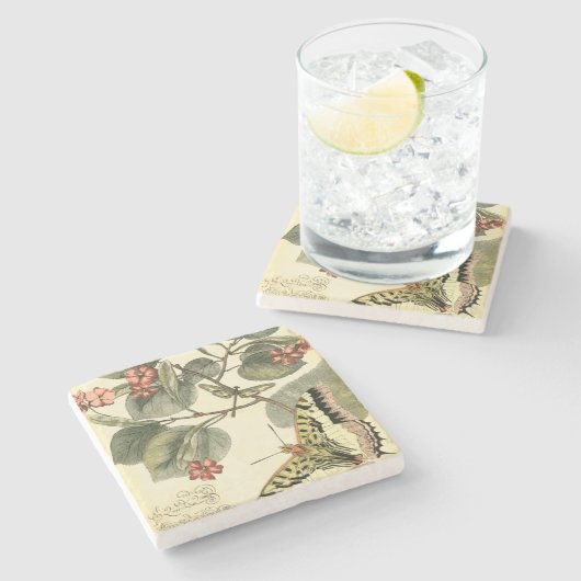 Schmetterling und Libelle mit roten Blume Steinuntersetzer (Seitenansicht)