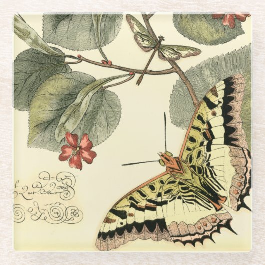 Schmetterling und Libelle mit roten Blumen Glasuntersetzer (Vorderseite)
