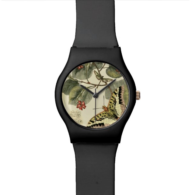 Schmetterling und Libelle mit roten Blumen Uhr (Nahaufnahme)