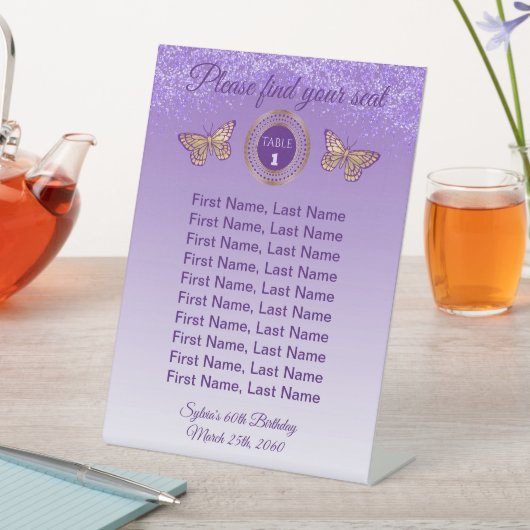 Schmetterling und Lila Glitzer Tischnummer Zeichen Sockelschild (In Situ)