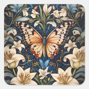 Schmetterling und Lilies Botanical Quadratischer Aufkleber