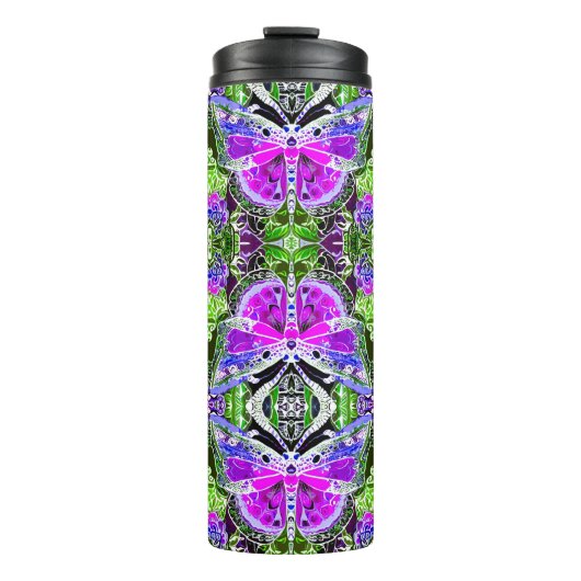 Schmetterling und Medallion Batik Muster in Violet Thermosbecher (Vorderseite)