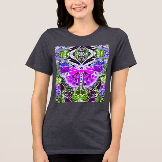 Schmetterling und Medallion Batik Muster in Violet Tri-Blend Shirt (Vorderseite)