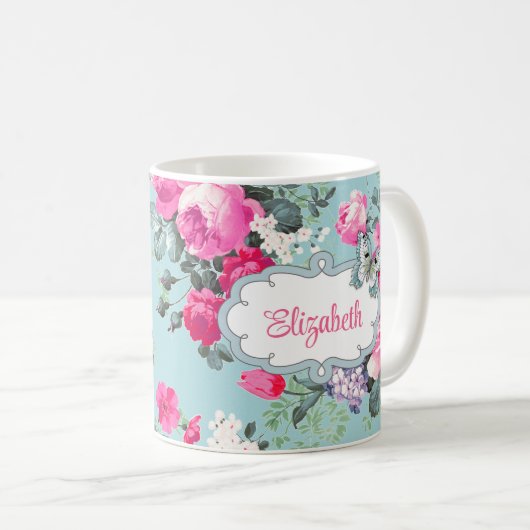 Schmetterling und Vintage Rose Muttertagsgeschenk Kaffeetasse (VorderseiteRechts)