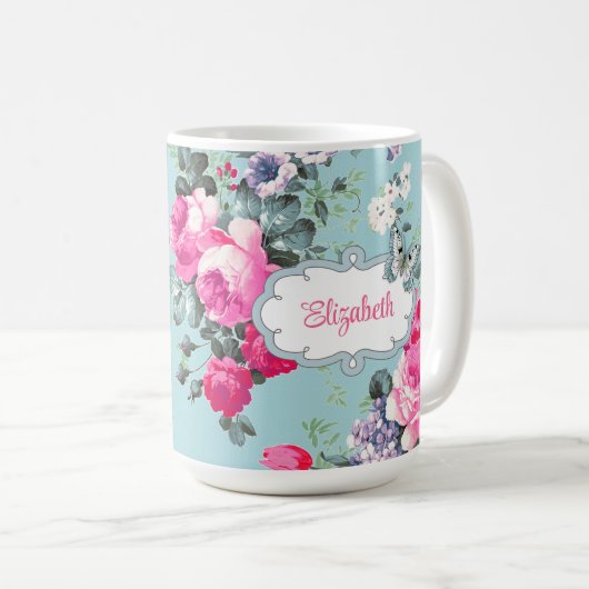 Schmetterling und Vintage Rose Muttertagsgeschenk Kaffeetasse (VorderseiteRechts)