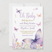 Schmetterling und violette Blumen Mädchendusche Einladung (Vorderseite)